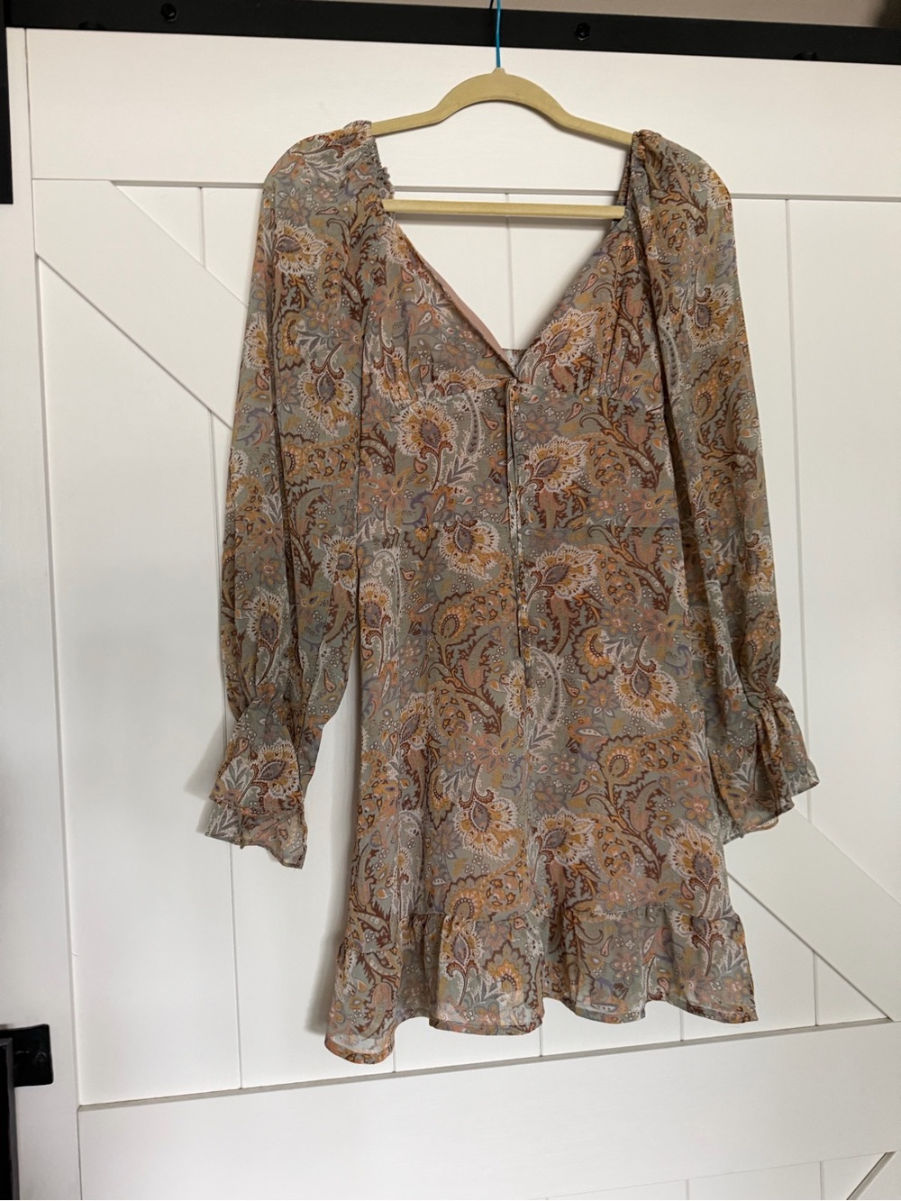 Lauren Nicole Floral Paisley V-Neck Long Sleeve Dress - Taupe/Mustard